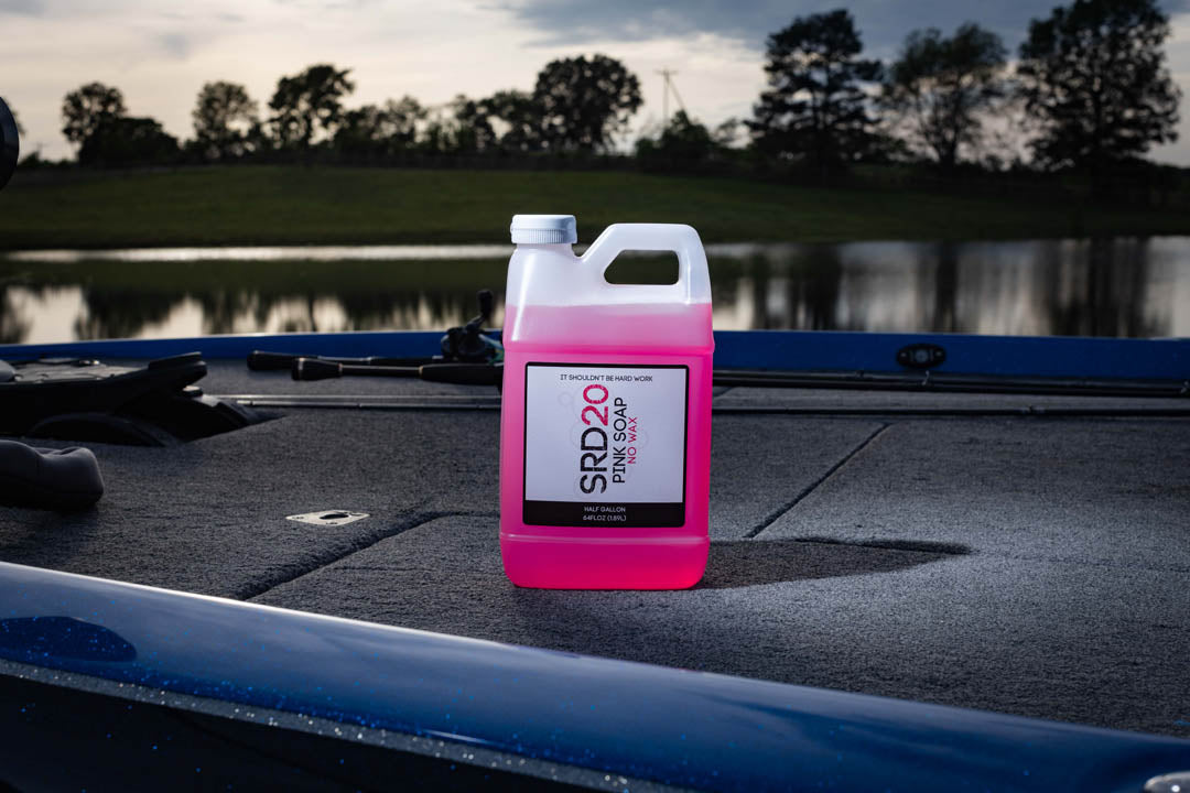 SRD20 Pink Boat soap 64oz size on bass boat deco
