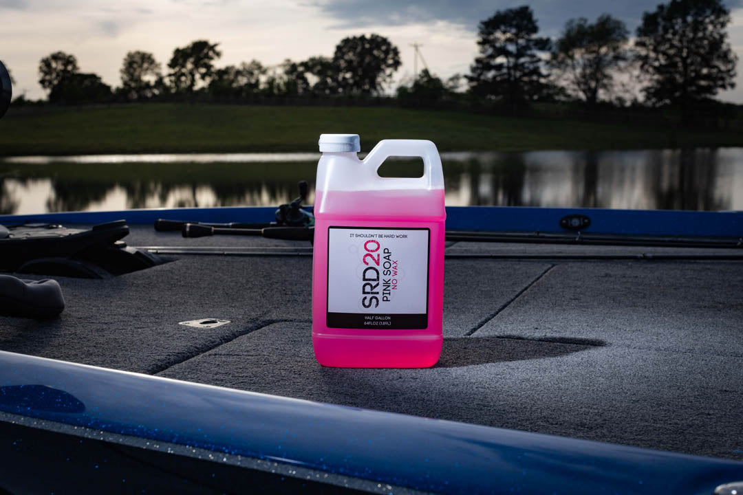 SRD20 Pink Boat soap 64oz bottle on boat