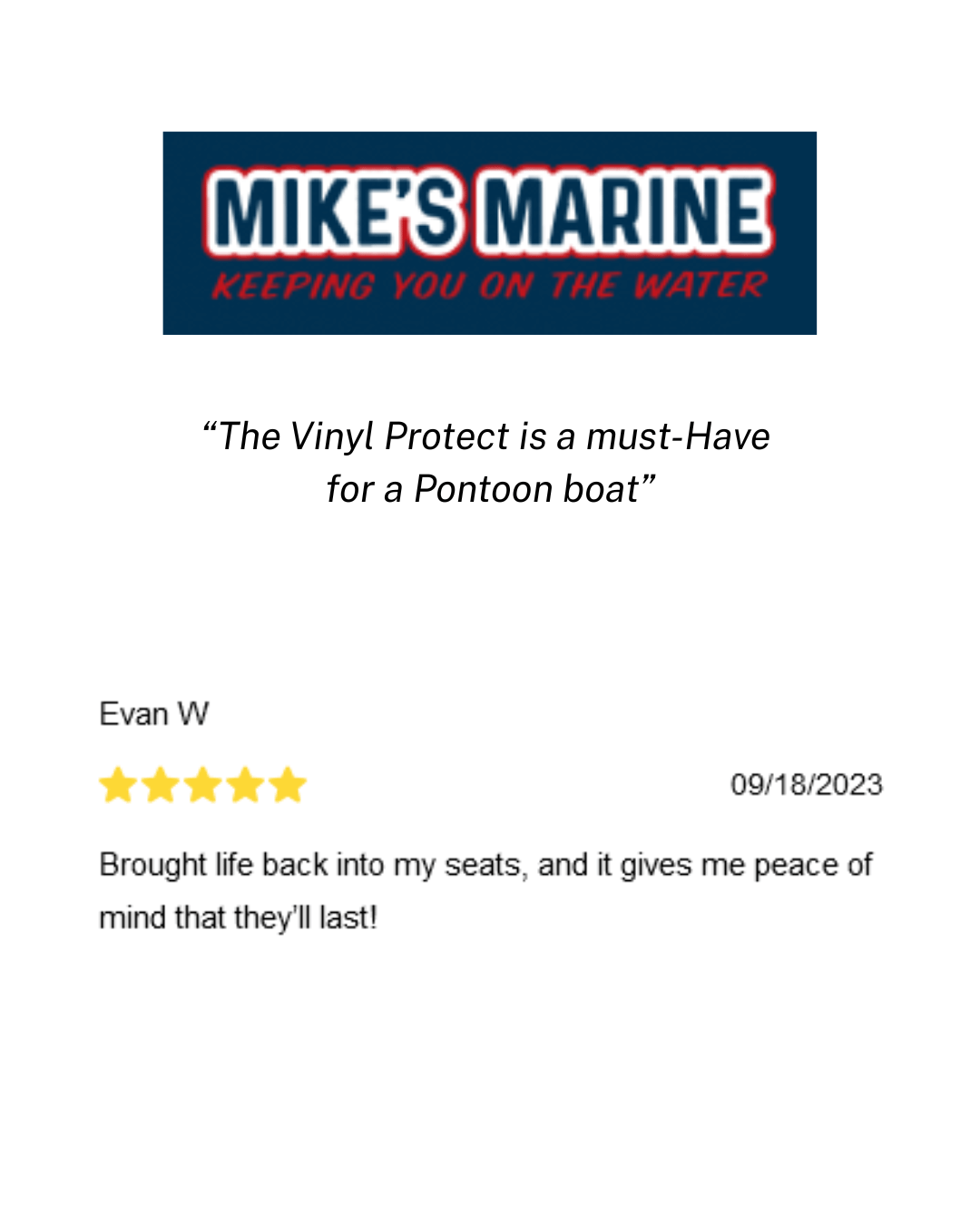 A customer review card for Mike's Marine vinyl protect, featuring the Mike's Marine logo at the top, a quote, a customer name, five yellow stars, and a date on a white background.